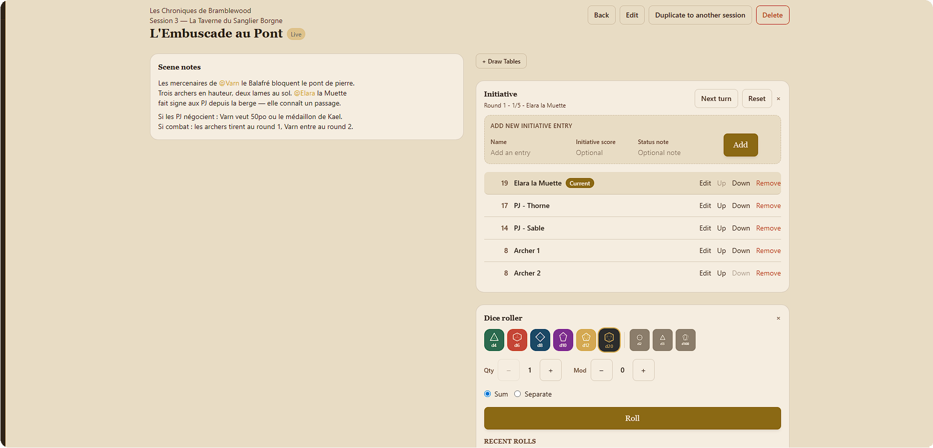 Lazy Bard Cockpit — live scene with notes, initiative and dice